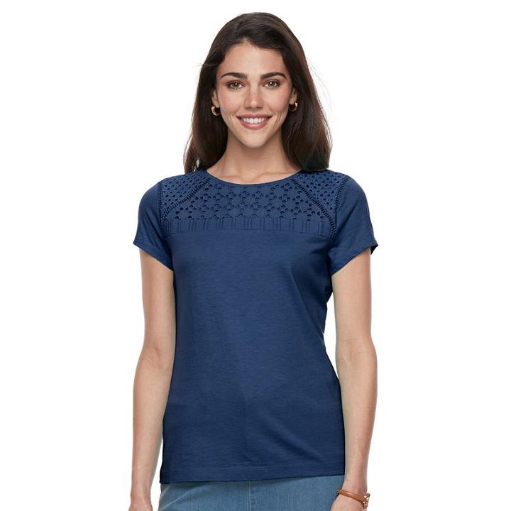 Petite Croft & Barrow&reg; Lace-yoke Crewneck Tee, Women's, Size: Xl Petite, Blue