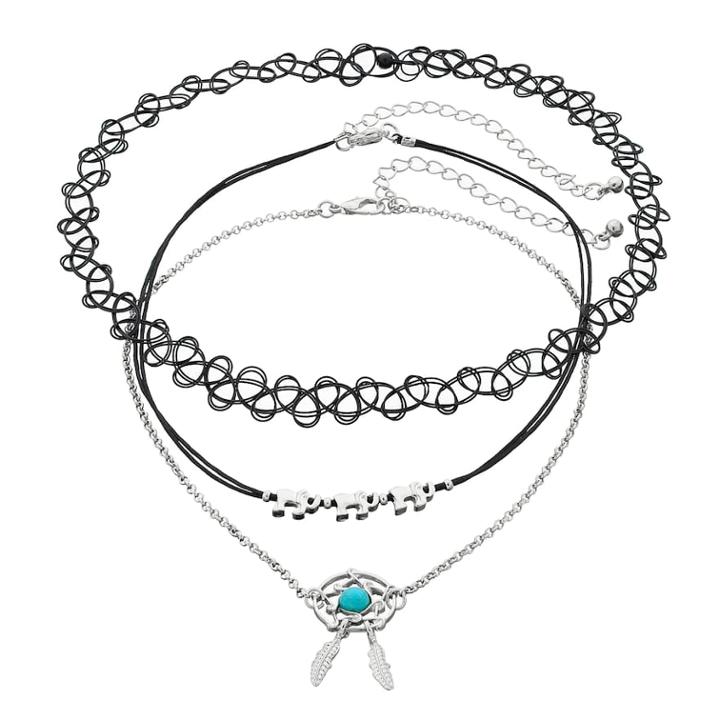 Elephant, Dream Catcher & Tattoo Choker Necklace Set, Women's, Black