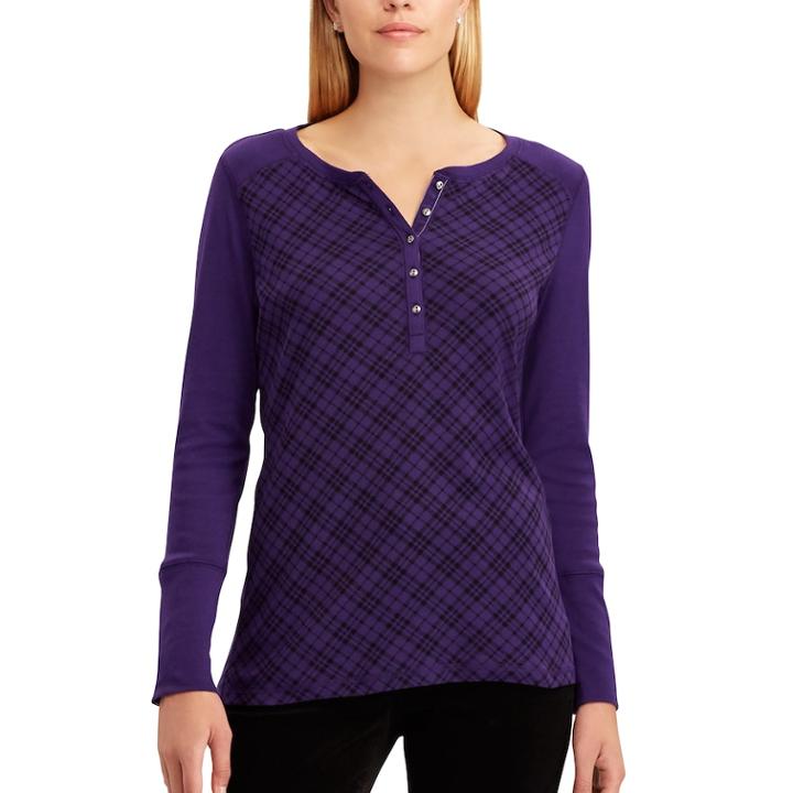 Petite Chaps Plaid Cotton Henley, Women's, Size: Xs Petite, Purple