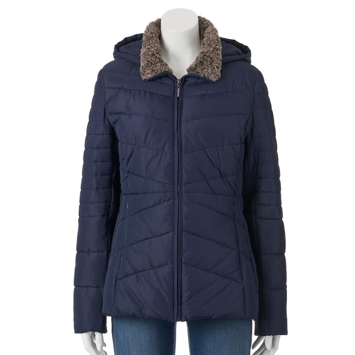 Women's Weathercast Hooded Chevron Quilted Puffer Jacket, Size: Large, Blue