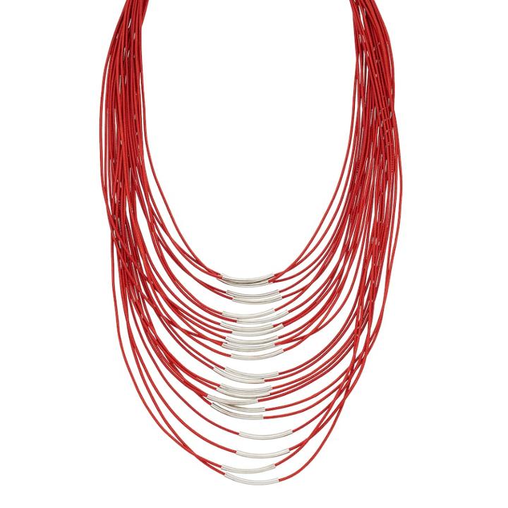 Red Curved Tube Layered Cord Necklace, Women's