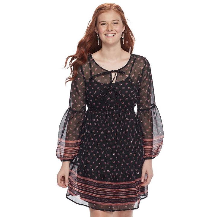 Juniors' Mudd&reg; Print Tie Front Chiffon Dress, Teens, Size: Medium, Black