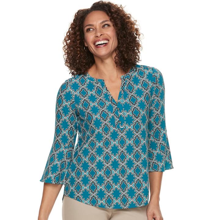 Women's Dana Buchman Bell Sleeve Henley Top, Size: Large, Dark Blue