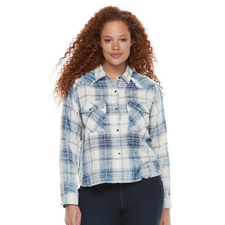 Plus Size Rock & Republic&reg; Raw-edge Plaid Shirt, Women's, Size: 2xl, Med Blue