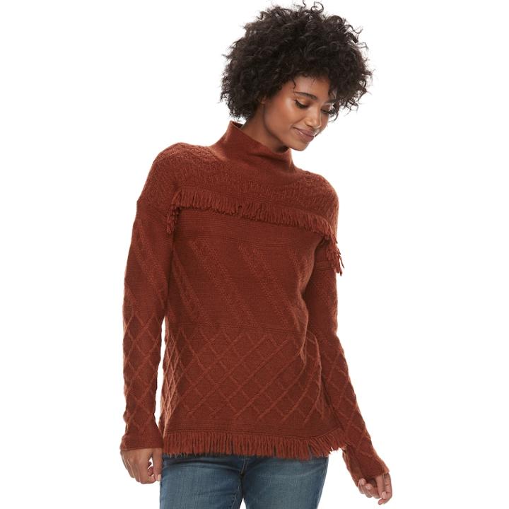Women's Sonoma Goods For Life&trade; Fringe Cable-knit Mockneck Sweater, Size: Large, Drk Orange