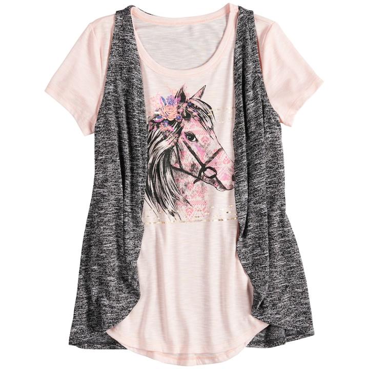 Girls 7-16 & Plus Size Mudd&reg; Graphic Print Tee & Vest Set, Size: 18 1/2, Light Pink