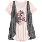 Girls 7-16 & Plus Size Mudd&reg; Graphic Print Tee & Vest Set, Size: 18 1/2, Light Pink