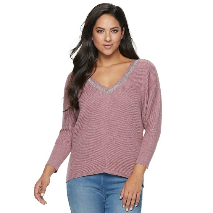 Women's Jennifer Lopez Caviar-trim Ribbed V-neck Sweater, Size: Xs, Dark Pink