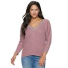 Women's Jennifer Lopez Caviar-trim Ribbed V-neck Sweater, Size: Xs, Dark Pink
