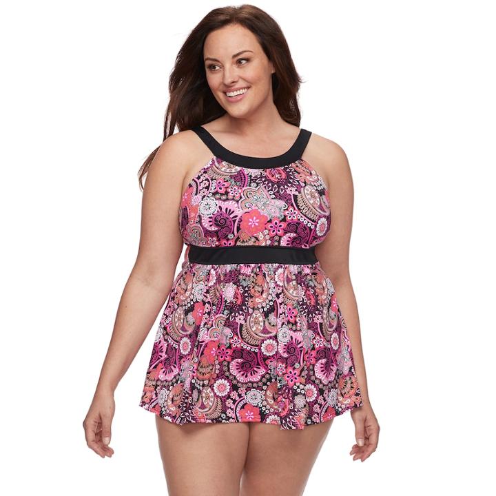 Plus Size A Shore Fit Hip Minimizer One-piece Swimdress And Brief Bottoms Set, Women's, Size: 22 W, Pink