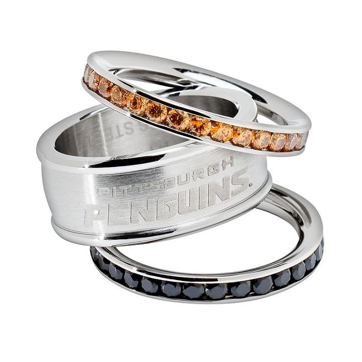 Logoart Pittsburgh Penguins Stainless Steel Crystal Stack Ring Set, Women's, Size: 7, Multicolor