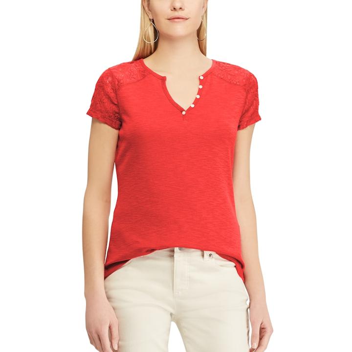 Women's Chaps Lace Sleeve Henley Tee, Size: Small, Red