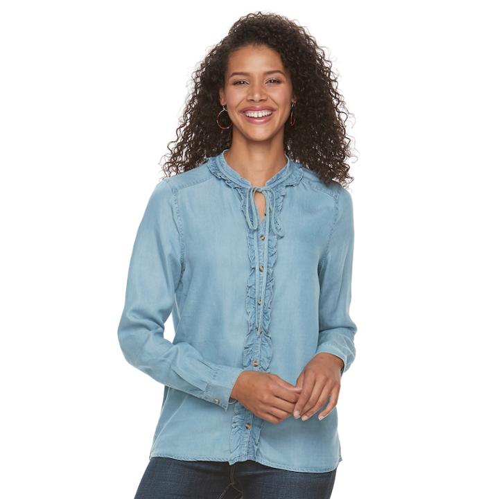 Women's Lee Ruffle Tie Front Shirt, Size: Xl, Blue