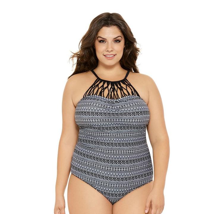 Juniors' Plus Size Costa Del Sol Geometric High-neck One Piece Swimsuit, Size: 3xl, Black