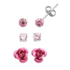 Sterling Silver Cubic Zirconia And Crystal Flower Stud Earring Set, Women's, Pink