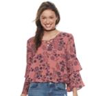 Juniors' Liberty Love Floral Lace-up Ruffle Sleeve Top, Teens, Size: Large, Pink
