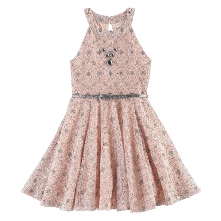 Girls 7-16 Knitworks Pattern Belted Skater Dress, Size: 12, Light Pink