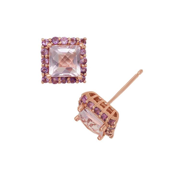 14k Rose Gold Over Silver Rose De France And Amethyst Square Halo Stud Earrings, Women's, Purple
