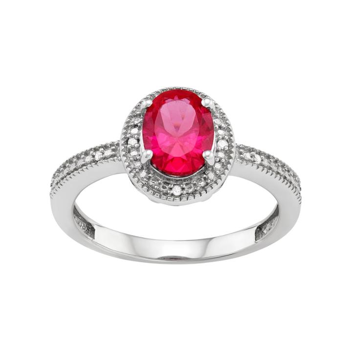 Sterling Silver Lab-created Ruby & Diamond Accent Oval Halo Ring, Women's, Size: 8, White