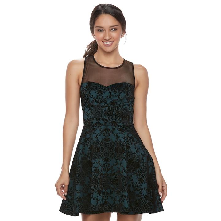 Juniors' Trixxi Flocked Skater Dress, Teens, Size: Medium, Med Green
