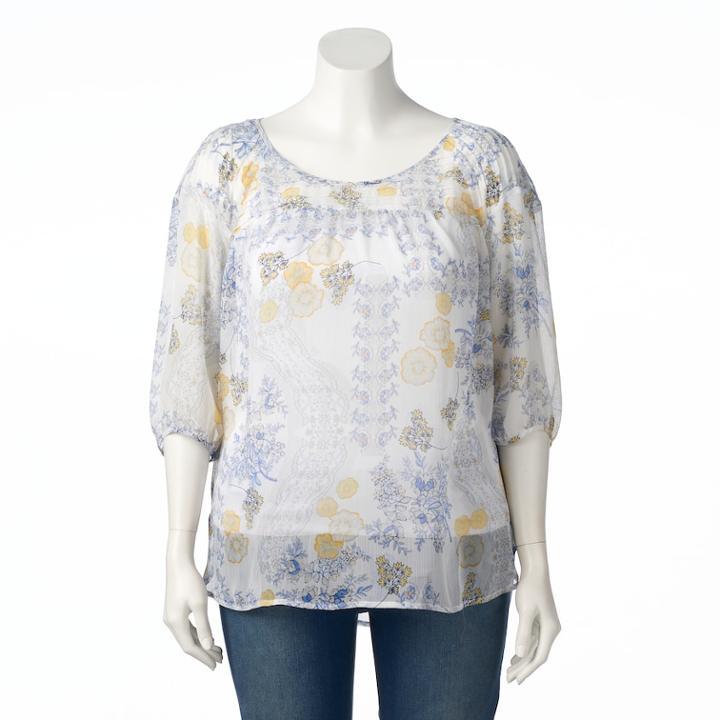Plus Size Lc Lauren Conrad Printed Chiffon Peasant Top, Women's, Size: 1xl, White