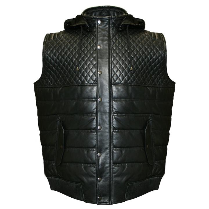 Men's Franchise Club Geo Hooded Lambskin Leather Vest, Size: Xxl, Black