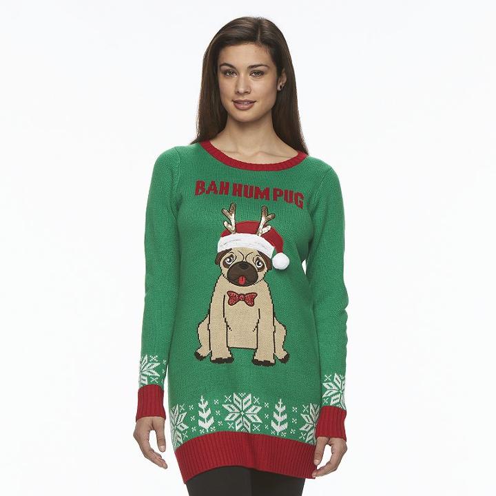 Women's Christmas Crewneck Tunic Sweater, Size: Large, Med Green