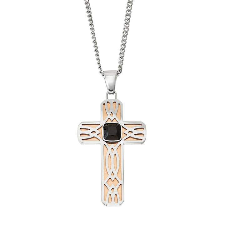 Men's Two Tone Stainless Steel Openwork Cross Pendant, Size: 24, Black
