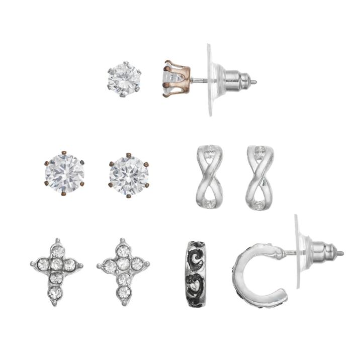 Apt. 9&reg; Cubic Zirconia Cross & Half Hoop Earring Set, Women's, Silver