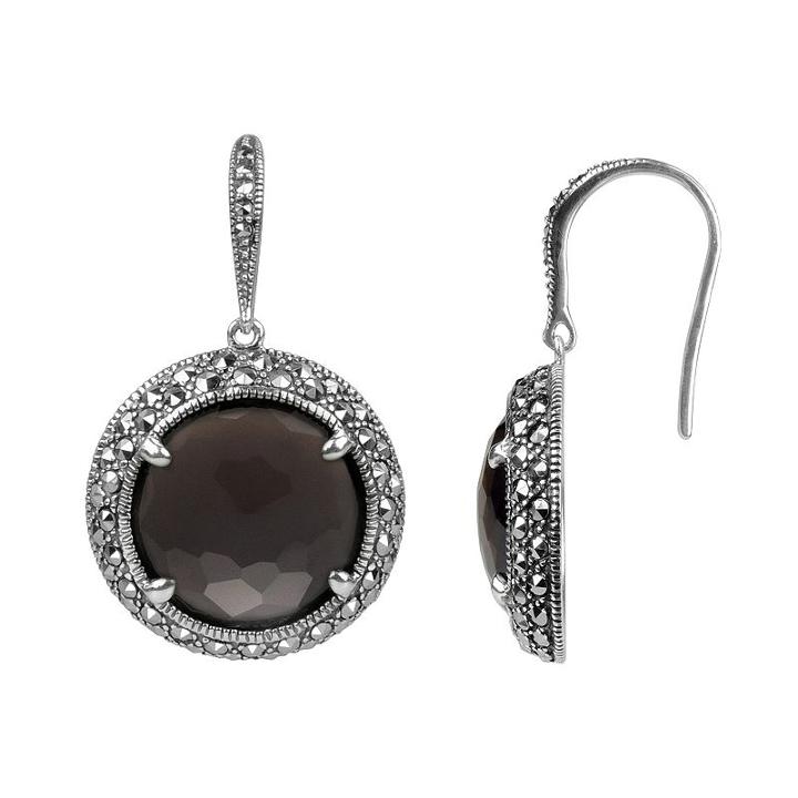 Lavish By Tjm Sterling Silver Smoky Quartz Halo Drop Earrings - Made With Swarovski Marcasite, Women's, Brown