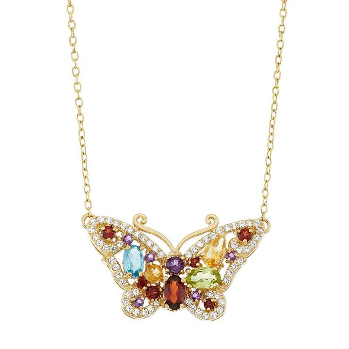 18k Gold Over Silver Gemstone Butterfly Necklace, Women's, Size: 18, Multicolor