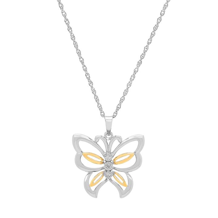 Two Tone Sterling Silver Diamond Accent Butterfly Pendant Necklace, Women's, Size: 18, White