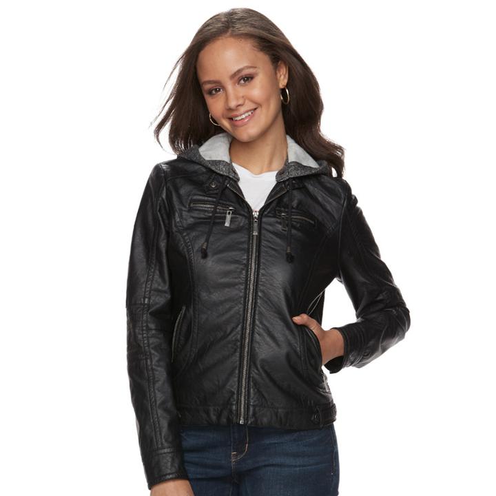 Juniors' J-2 Removable Hood Faux-leather Jacket, Teens, Size: Medium, Black