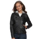 Juniors' J-2 Removable Hood Faux-leather Jacket, Teens, Size: Medium, Black