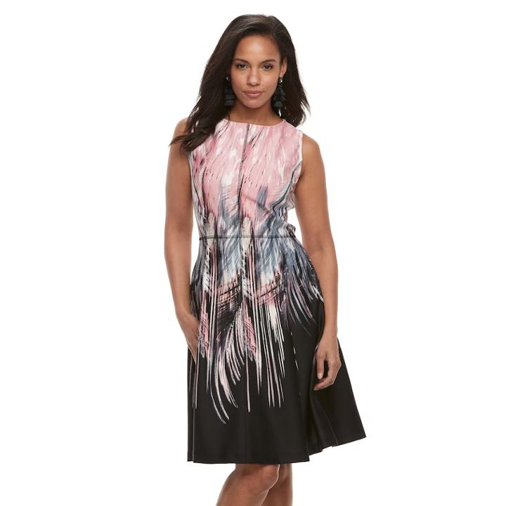 Women's Nina Leonard Feather Print A-line Dress, Size: 14, Multicolor