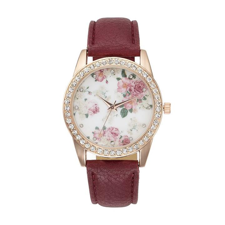 Women's Floral Crystal Watch, Size: Medium, Brown