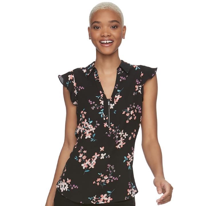 Juniors' Candie's&reg; Zip Front Flutter Sleeve Top, Teens, Size: Xl, Black
