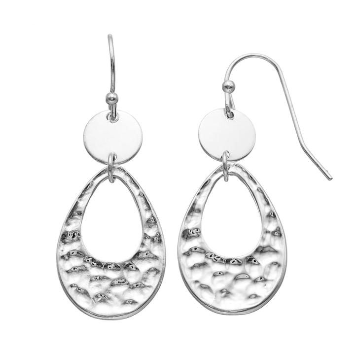 Hammered Cutout Teardrop Earrings, Women's, Silver
