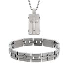 Two Tone Stainless Steel Cross Dog Tag And Bracelet Set - Men, Grey