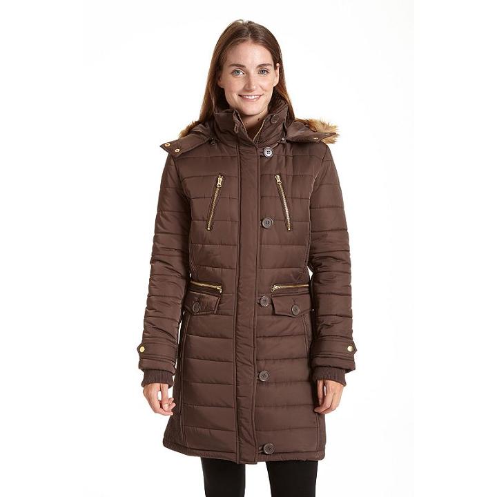 Women's Excelled Long Hooded Puffer Jacket, Size: Medium, Brown