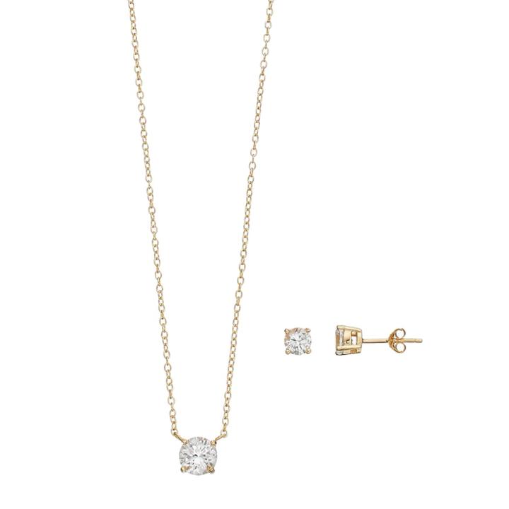 14k Gold Over Silver Lab-created White Sapphire Solitaire Pendant & Stud Earring Set, Women's, Size: 16