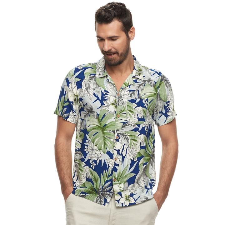 Men's Caribbean Joe Classic-fit Convertible-collar Tropical Button-down Shirt, Size: Xxl, Blue