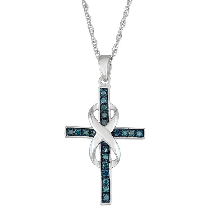 Sterling Silver 1/10 Carat T.w. Blue Diamond Infinity Cross Pendant Necklace, Women's, Size: 18