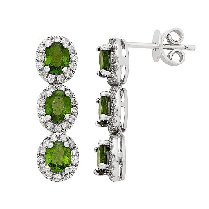 Sterling Silver Chrome Diopside & White Zircon 3-stone Halo Drop Earrings, Women's, Green