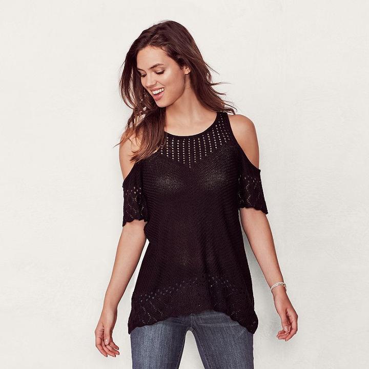Women's Lc Lauren Conrad Eyelet Cold-shoulder Sweater, Size: Medium, Oxford