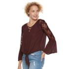 Juniors' Mudd&reg; Lace Shoulder Bell Sleeve Top, Teens, Size: Xl, Purple
