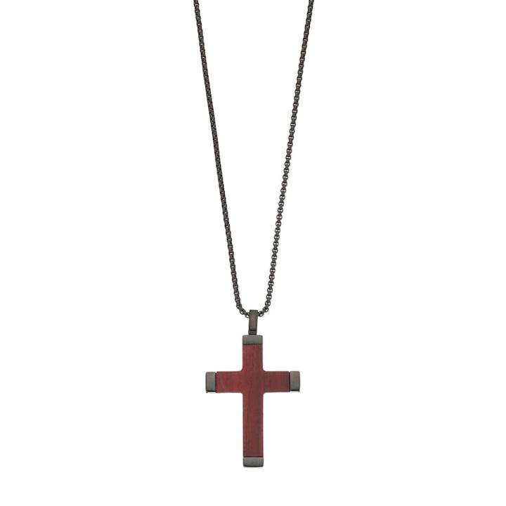 Lynx Men's Black Stainless Steel & Wood Cross Pendant Necklace, Size: 24, Brown
