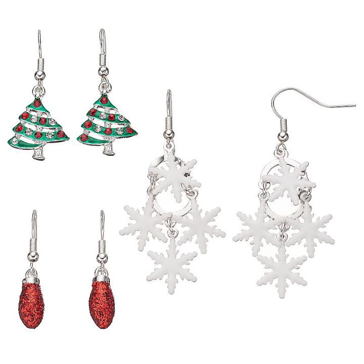Christmas Tree, Glittery Bulb & Snowflake Drop Earring Set, Women's, Multicolor