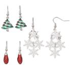 Christmas Tree, Glittery Bulb & Snowflake Drop Earring Set, Women's, Multicolor