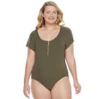 Juniors' Plus Size Candie's&reg; Ribbed Zip Front Bodysuit, Girl's, Size: 2xl, Green